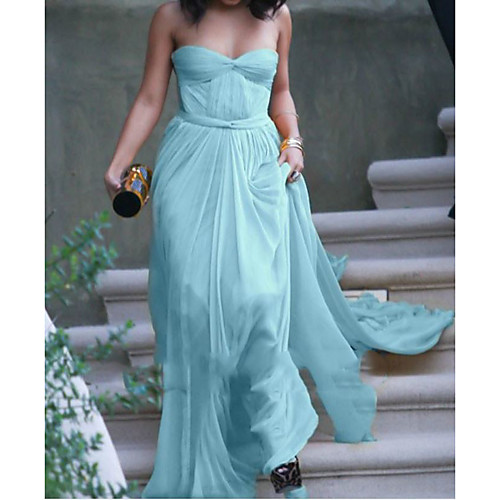 

Sheath / Column Celebrity Style Elegant Prom Formal Evening Dress Strapless Sleeveless Court Train Chiffon with Pleats 2021