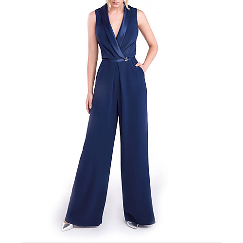 

Jumpsuits Minimalist Elegant Engagement Formal Evening Dress V Neck Sleeveless Floor Length Stretch Satin with Sash / Ribbon 2021