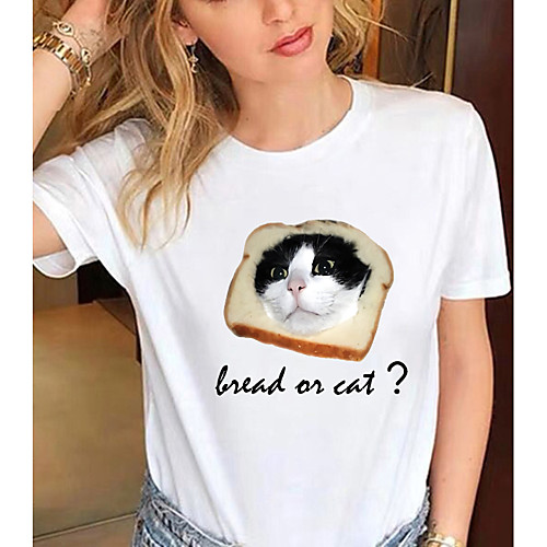

Women's T shirt Cat Graphic 3D Print Round Neck Tops 100% Cotton Basic Basic Top White