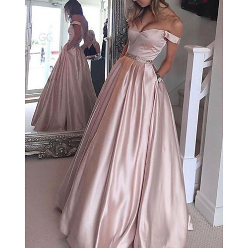 

A-Line Minimalist Elegant Engagement Formal Evening Dress Off Shoulder Sleeveless Floor Length Satin with Pleats 2021