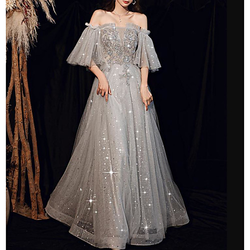 

A-Line Glittering Elegant Engagement Formal Evening Dress Off Shoulder Half Sleeve Floor Length Tulle with Pleats Beading Sequin 2021