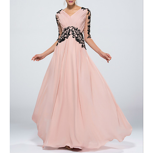 

Sheath / Column Beautiful Back Empire Wedding Guest Formal Evening Dress V Neck Half Sleeve Floor Length Chiffon with Appliques 2021