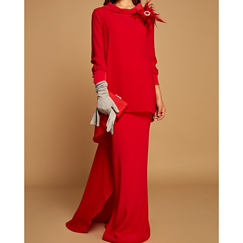 

Sheath / Column Mother of the Bride Dress Elegant Jewel Neck Floor Length Chiffon Long Sleeve with Ruffles Flower 2021