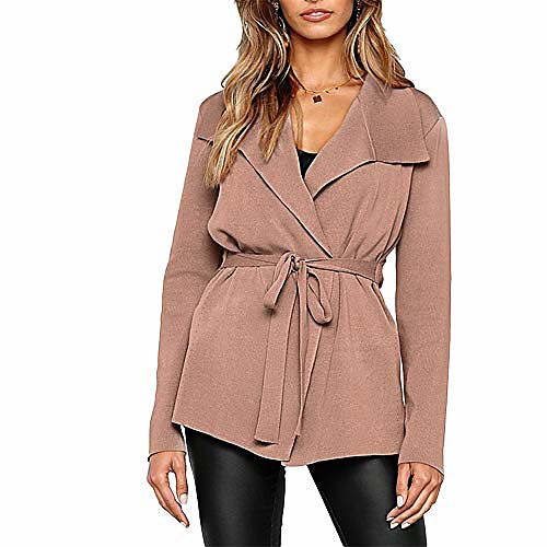 

women cardigan coat, autumn winter fashion solid color lapel long sleeve belted jacket for office lady girls party daily life travel outwear shopping khaki l