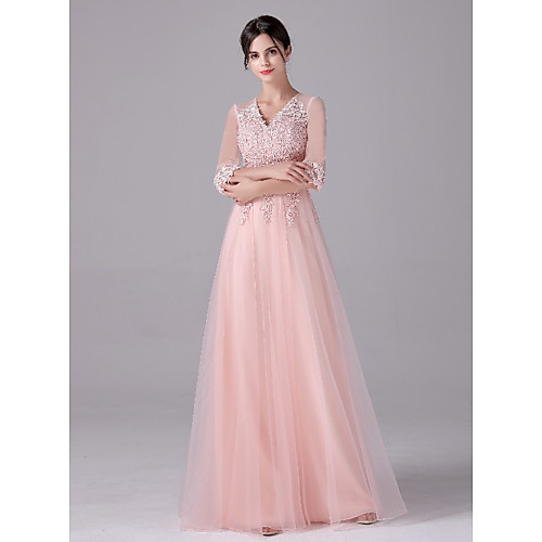 

A-Line Empire Elegant Wedding Guest Formal Evening Dress V Neck Half Sleeve Floor Length Tulle with Sash / Ribbon Appliques 2021