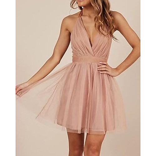 

A-Line Minimalist Sexy Homecoming Cocktail Party Dress Halter Neck Sleeveless Short / Mini Tulle with Sash / Ribbon Pleats 2021