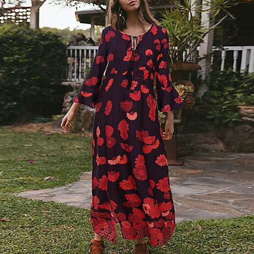 

Women's T Shirt Dress Tee Dress Maxi long Dress Orange Red Long Sleeve Floral Split Patchwork Print Fall Spring Round Neck Casual Loose 2021 S M L XL