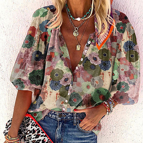 

Women's Blouse Shirt Floral Flower Long Sleeve V Neck Tops Blue Red