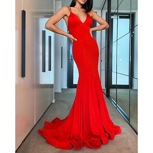 

Mermaid / Trumpet Beautiful Back Sexy Wedding Guest Formal Evening Dress V Neck Sleeveless Sweep / Brush Train Spandex with Pleats 2021