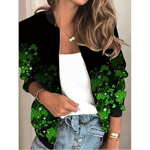 

Women's Jacket Daily Spring & Fall Regular Coat Regular Fit Active Streetwear Jacket Long Sleeve Plants Print Green / Holiday