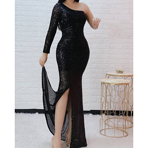 

Mermaid / Trumpet Sparkle Sexy Engagement Formal Evening Dress One Shoulder Long Sleeve Floor Length Sequined with Sequin Split 2021
