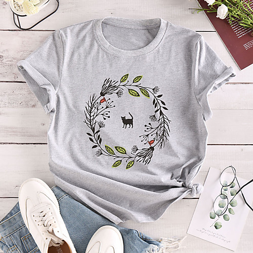 

Women's T shirt Plants Graphic Print Round Neck Tops 100% Cotton Basic Basic Top White Yellow Blushing Pink