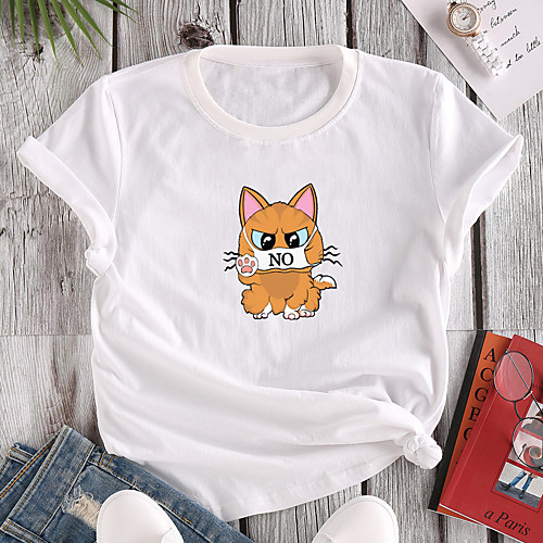 

Women's T shirt Cat Graphic Print Round Neck Tops 100% Cotton Basic Basic Top White Red Blushing Pink