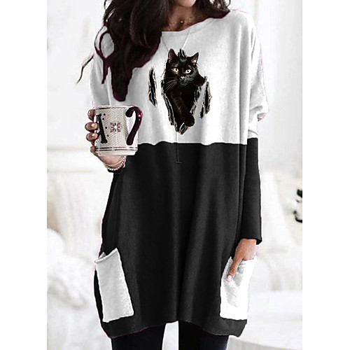 

Women's T shirt Dress Cat Graphic 3D Long Sleeve Patchwork Print Round Neck Tops Basic Basic Top Black Gray