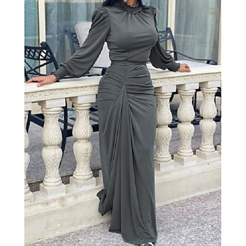 

Sheath / Column Minimalist Elegant Wedding Guest Formal Evening Dress High Neck Long Sleeve Floor Length Chiffon with Pleats Ruffles 2021