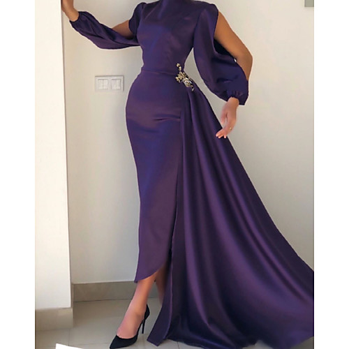 

Sheath / Column Minimalist Elegant Wedding Guest Formal Evening Dress Jewel Neck Long Sleeve Sweep / Brush Train Satin with Pleats 2021