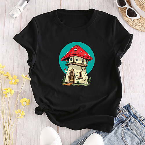 

Women's T shirt Graphic Print Round Neck Tops 100% Cotton Basic Basic Top White Black Red