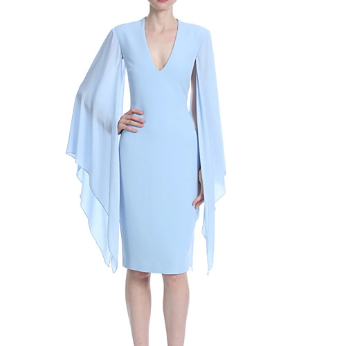 

Sheath / Column Minimalist Elegant Wedding Guest Cocktail Party Dress V Neck Long Sleeve Knee Length Chiffon with Sleek 2021