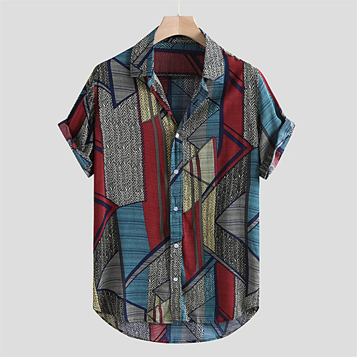 

Men's Shirt Other Prints Geometric Button-Down Print Short Sleeve Daily Tops 100% Cotton Casual Hawaiian Blue Green Red / Summer