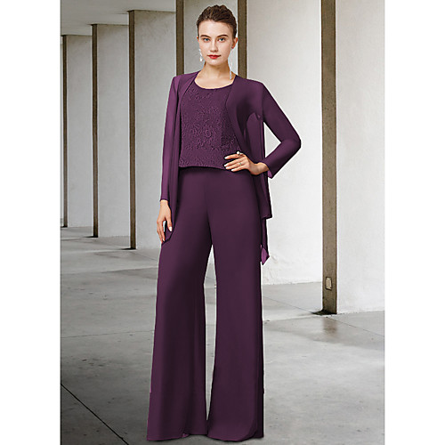 

Pantsuit / Jumpsuit Mother of the Bride Dress Elegant Jewel Neck Floor Length Chiffon Lace Sleeveless with Appliques 2021
