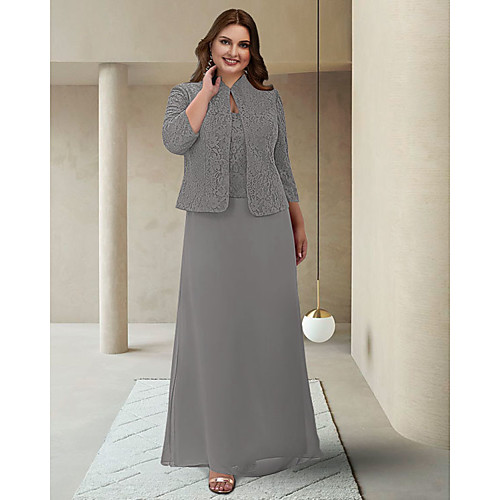 

Two Piece Sheath / Column Mother of the Bride Dress Plus Size Elegant Jewel Neck Ankle Length Chiffon Lace 3/4 Length Sleeve with Appliques 2021