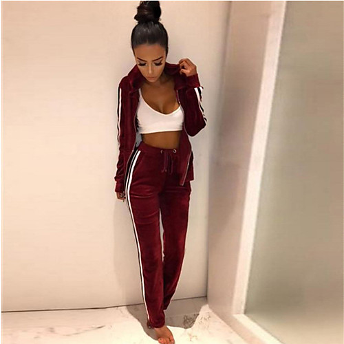 

women's long sleeve tracksuits pyjama set loungewear winter jogging sportwear velour stripe zipped hoodie grey