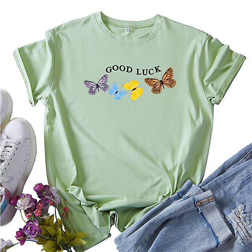 

Women's T shirt Graphic Butterfly Print Round Neck Tops 100% Cotton Basic Basic Top White Black Red