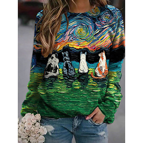 

Women's Pullover Sweatshirt Cat Graphic 3D Print Daily 3D Print Basic Casual Hoodies Sweatshirts Green