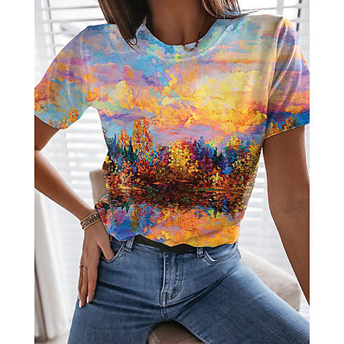 

Women's T shirt Graphic Scenery Print Round Neck Tops Basic Basic Top Yellow