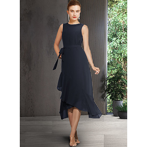 

A-Line Mother of the Bride Dress Elegant Jewel Neck Asymmetrical Chiffon Sleeveless with Bow(s) Ruffles 2021
