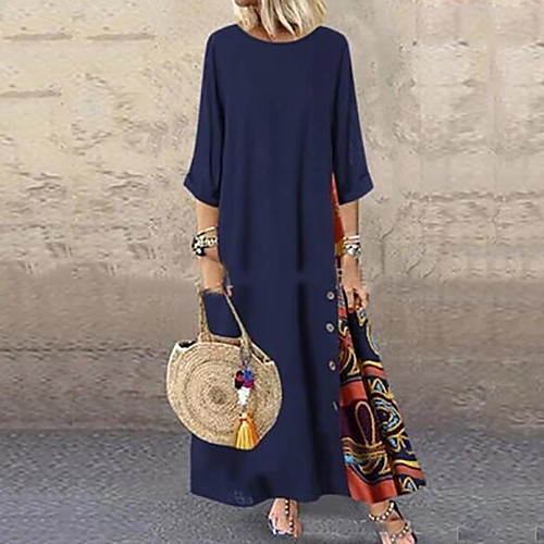 

Women's Swing Dress Maxi long Dress Blue Yellow Red Long Sleeve Print Patchwork Print Fall Round Neck Casual Loose 2021 L XL XXL 3XL 4XL