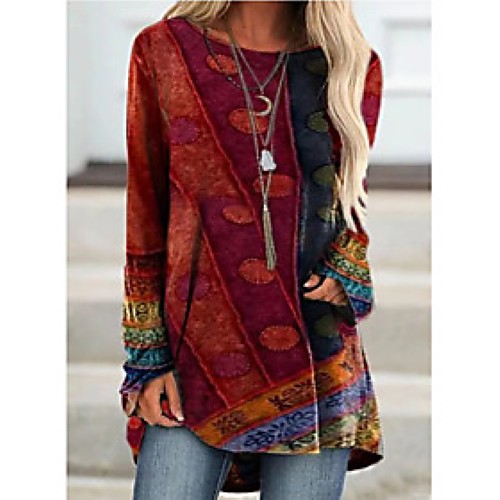 

Women's T shirt Dress Tunic T shirt Color Block Long Sleeve Patchwork Print Round Neck Tops Basic Basic Top Blue Purple Red