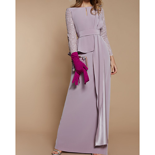 

Two Piece Sheath / Column Mother of the Bride Dress Elegant Jewel Neck Floor Length Lace Stretch Satin Long Sleeve with Sash / Ribbon Ruffles 2021