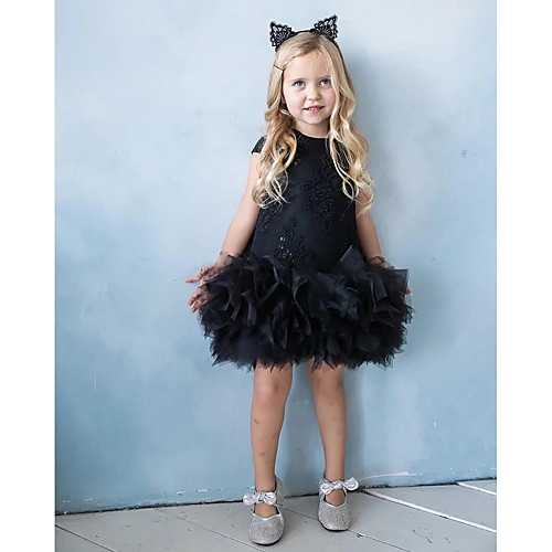 

Princess Knee Length Flower Girl Dresses Party Lace Short Sleeve Jewel Neck with Appliques