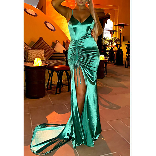 

Mermaid / Trumpet Beautiful Back Sexy Wedding Guest Formal Evening Dress Spaghetti Strap Sleeveless Court Train Charmeuse with Ruched Split 2021