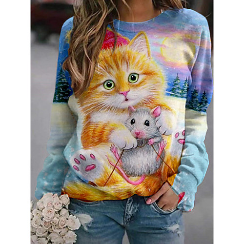 

Women's Pullover Sweatshirt Cat Graphic 3D Print Daily 3D Print Basic Casual Hoodies Sweatshirts Light Blue