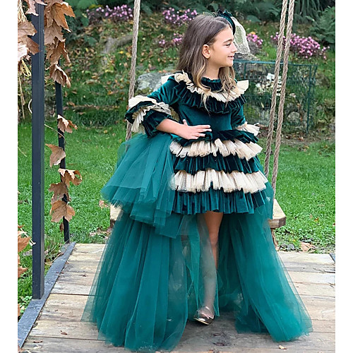 

Princess Short / Mini Flower Girl Dresses Party Tulle 3/4 Length Sleeve Jewel Neck with Tier