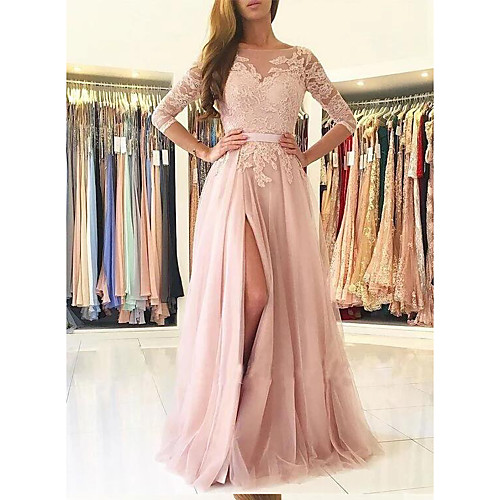 

A-Line Beautiful Back Sexy Engagement Formal Evening Dress Illusion Neck Half Sleeve Sweep / Brush Train Tulle with Sash / Ribbon Split Appliques 2021