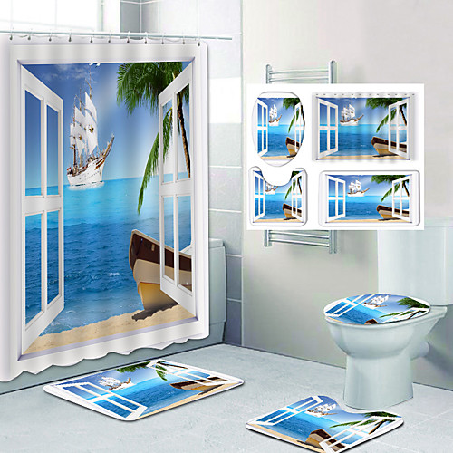 

Bathroom Shower Curtain & Mat Set Classic Polyester Waterproof