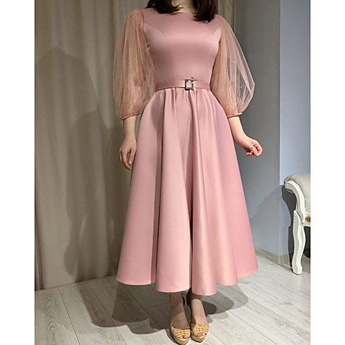 

A-Line Elegant Vintage Cocktail Party Formal Evening Dress Scoop Neck 3/4 Length Sleeve Ankle Length Satin with Sash / Ribbon 2021