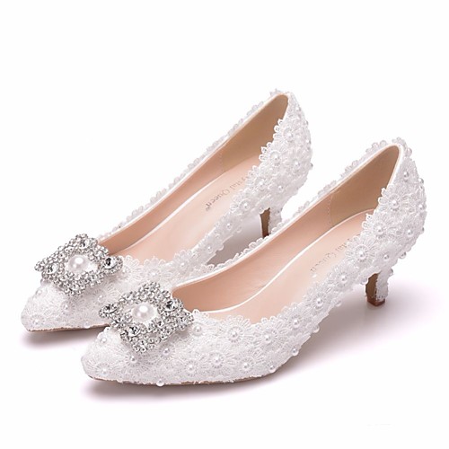 

Women's Wedding Shoes Pumps Pointed Toe Wedding Pumps Business Sexy Minimalism Wedding Party & Evening PU Pearl Sparkling Glitter Button Solid Colored Color Block White