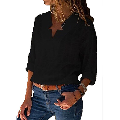 

Women's Blouse Shirt Plain Long Sleeve Patchwork V Neck Elegant Tops Black Blue Blushing Pink