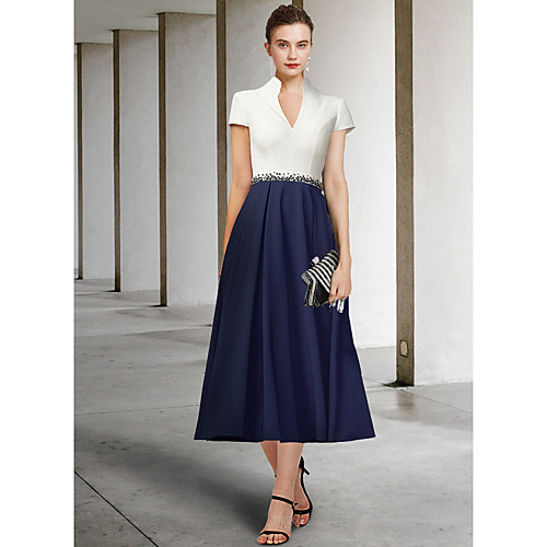 

A-Line Mother of the Bride Dress Elegant V Neck Tea Length Stretch Fabric Short Sleeve with Sash / Ribbon Pleats Sequin 2021