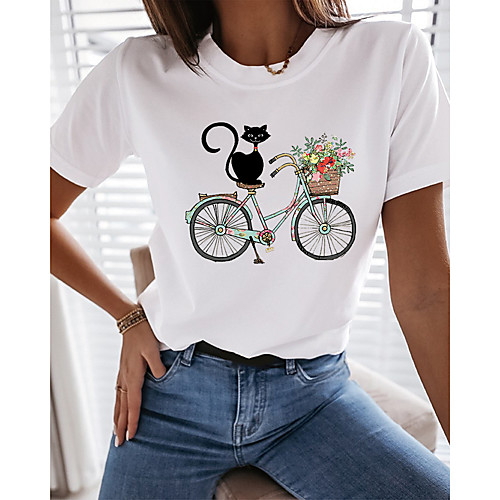 

Women's T shirt Cat Graphic Print Round Neck Tops 100% Cotton Basic Basic Top White