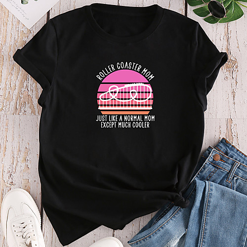

Women's T shirt Graphic Text Print Round Neck Tops 100% Cotton Basic Basic Top White Black Red