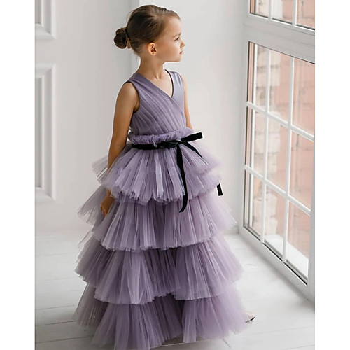 

Princess Floor Length Flower Girl Dresses Party Tulle Sleeveless V Neck with Tier