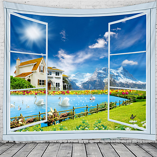 

Window Landscape Wall Tapestry Art Decor Blanket Curtain Hanging Home Bedroom Living Room Decoration Lake Flower Garden Pastoral Swan