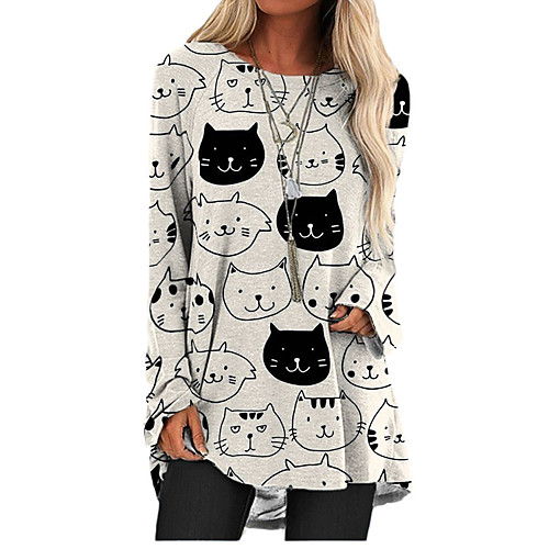 

Women's T Shirt Dress Tee Dress Short Mini Dress Long Sleeve Cat Animal Print Fall Spring Casual 2021 White S M L XL XXL 3XL