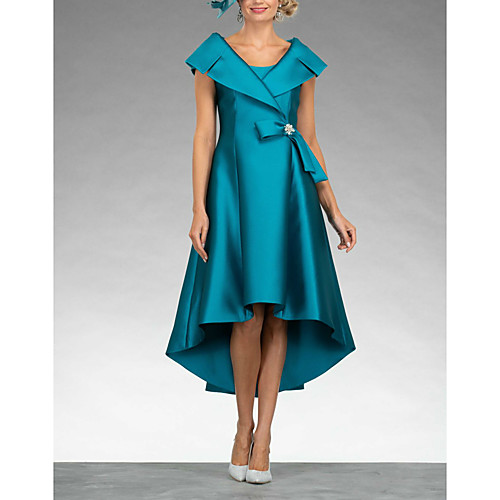 

A-Line Mother of the Bride Dress Elegant Jewel Neck Asymmetrical Satin Short Sleeve with Bow(s) Crystal Brooch 2021