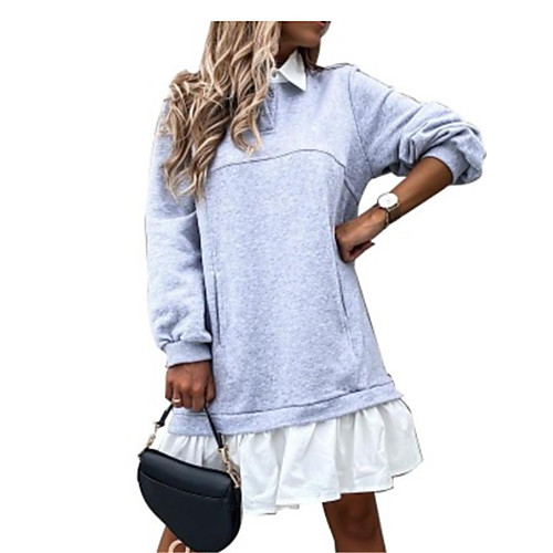 

Women's Sweater Jumper Dress Knee Length Dress Light Blue Lake Green Solid black Beige Long Sleeve Solid Color Patchwork Fall Spring Shirt Collar Casual 2021 M L XL XXL 3XL